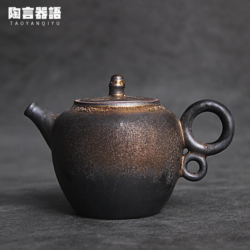 

Japanese-style kiln blackened gold teapot handmade rough pottery small personality hand-held single-brewing pot kung fu tea set
