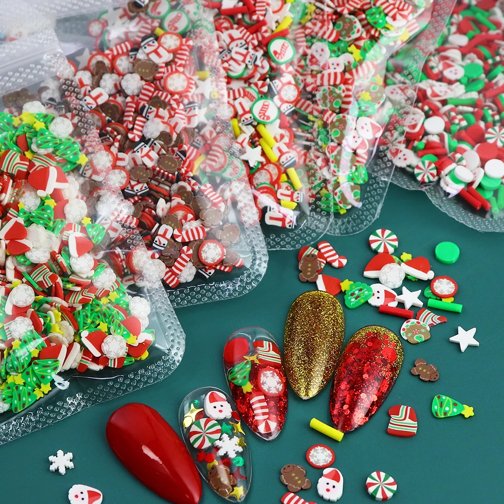 

10g Christmas Nail Art Polymer Clay Slice Kawaii Nail Charms Mix Snowman Santa Cylindrical Candy Sprinkles Xmas Manicure Design