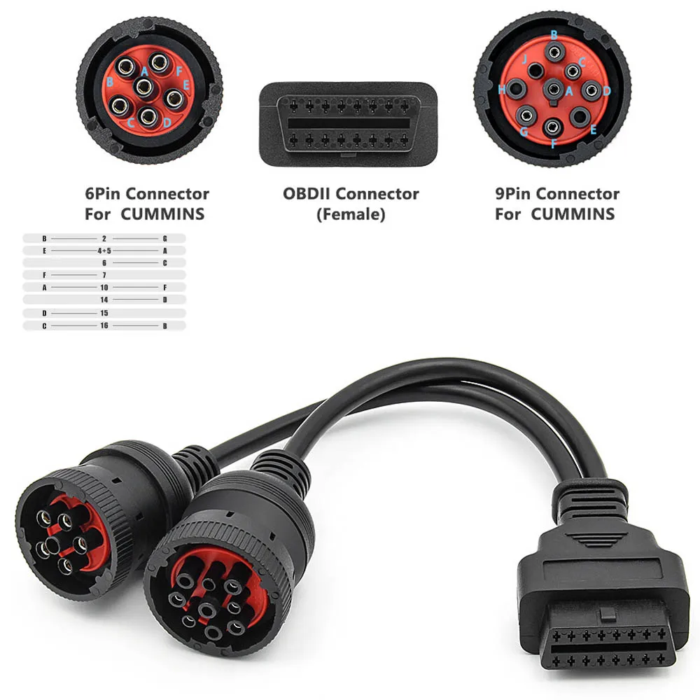 

6+9pin (J1708+J1939) Truck OBD Adapter Cable Heavy Truck Diagnostic Line for Cummins Y Cable to OBD2 16pin Female