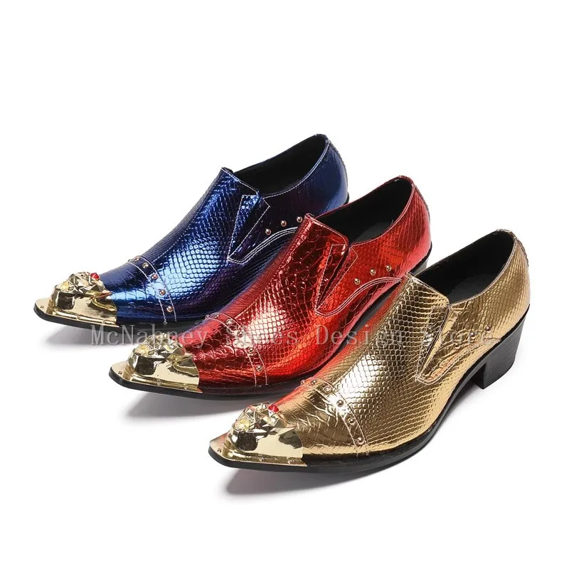 

Metal Square Toe Rivet Men's Leisure Shoes Leather Splicing Chunky Heel Shallow Slip-On Loafers Male Party Dress Shoes Oxfores