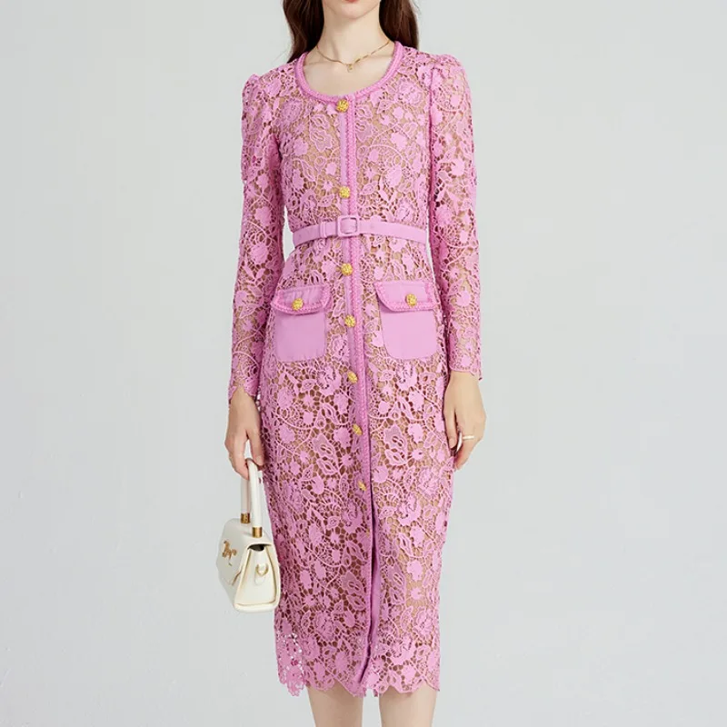 Pink Lace Elegant Dress Women Pocket Golden Button Vintage Party Vestido Female Luxury Design Hollow Flower Hook Bodycon Evening
Pink Lace Elegant Dress Women Pocket Golden Button Vintage Party Vestido Female Luxury Design Hollow Flower Hook Bodycon Evening