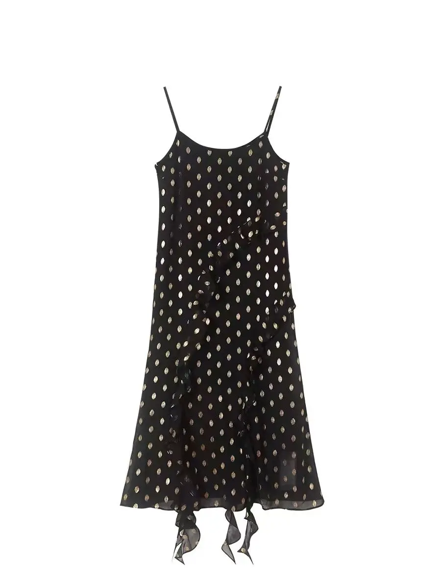 

Black vintage polka dot halter dress women's long vacation dress large size thin bottoming dress two-piece set 2024