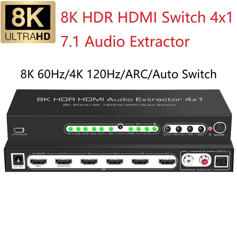 

8K 60Hz HDR10+ UHD HDMI Switcher Dolby Version Atmos HLG CEC ARC 7680x4320P HDMI Switch 4 In 1 Out 4K120Hz VRR Auto Switch PS5