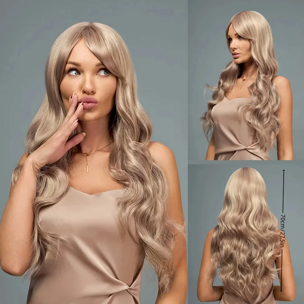 

SNQP Ombre Blonde Long Curly Wig with Bangs New Stylish Hair Wig for Women Daily Cosplay Party Heat Resistant Synthetic Wig