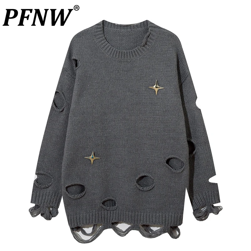 

PFNW Men's Autumn Winter New Tide O-Neck Sweater Fashion Loose Fitting Punk Holes Beggar Darkwear Style Pullovers Tops 12Z4280