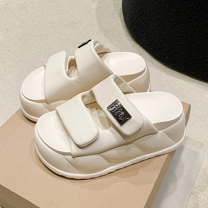 

2024 High Platform Women's Summer Slippers Leather 7.5CM Wedge Heels Slides Sweet Girl Chunky Sandals Open Toed Beach Flip-Flops