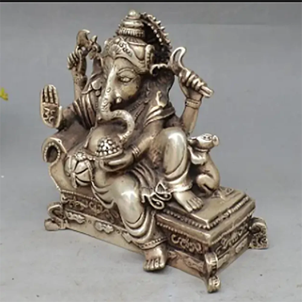 

Copper Statue 6" lucky Chinese Tibet Silver 4 Arms Ganesh Elephant Mammon Buddha Mouse Statue