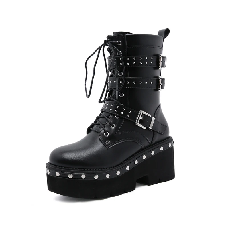 

Winter Leather Gothic Black Boots Women Rivets Belt Chunky Heel Platform Boots Female Punk Style Ankle Boots Zipper WSH4776