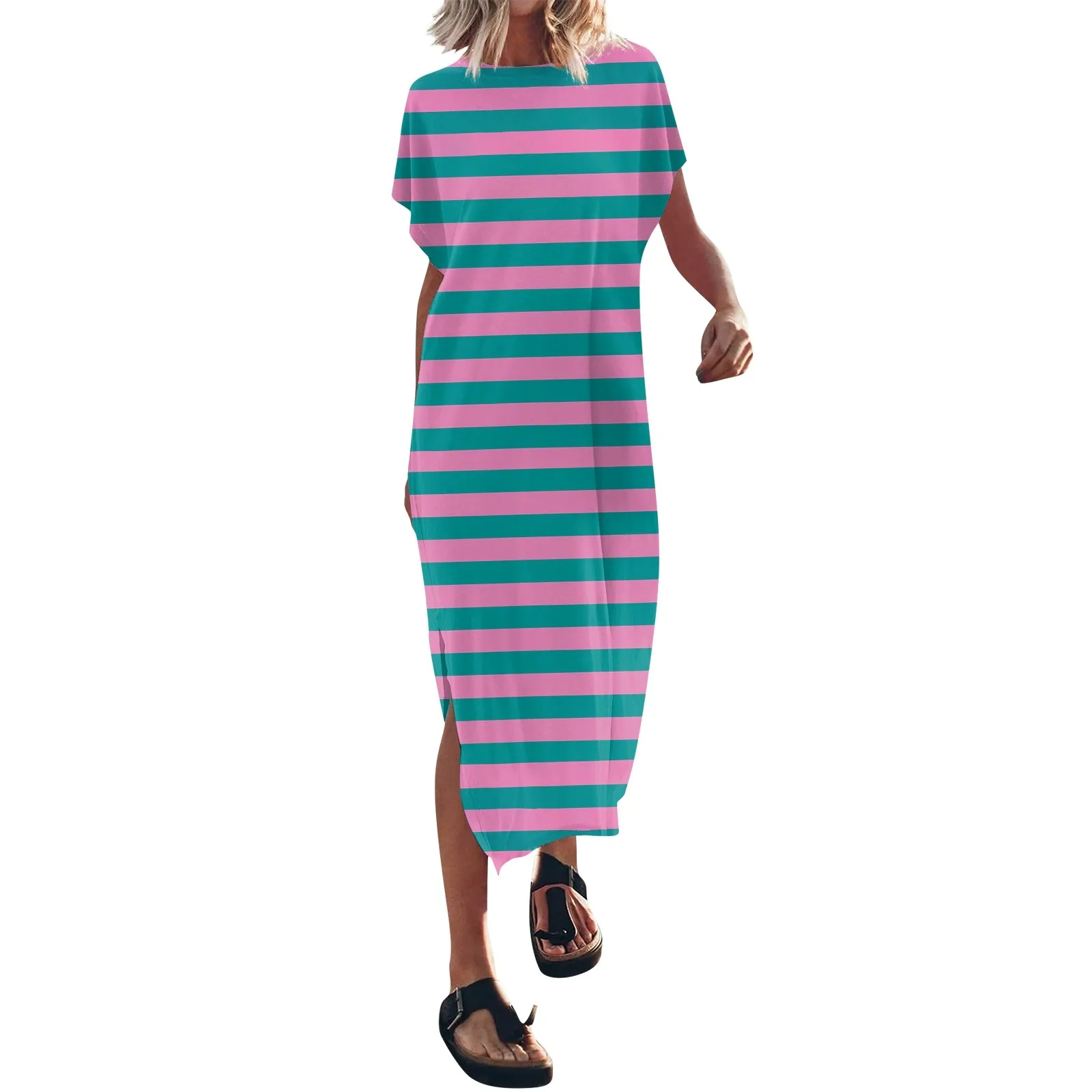 

Women's Summer Striped Printed Round Neck Casual Loose Split Side Beach Vacation Dresses فساتين طويلة vestido roupa feminina