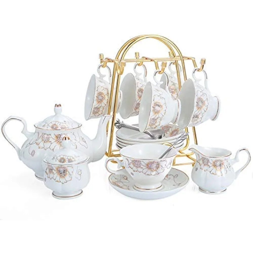 

22-Piece Porcelain Ceramic Coffee Tea Gift Sets Cups Saucer Service for 6 Teapot Sugar Bowl Creamer Pitcher and Teaspoons