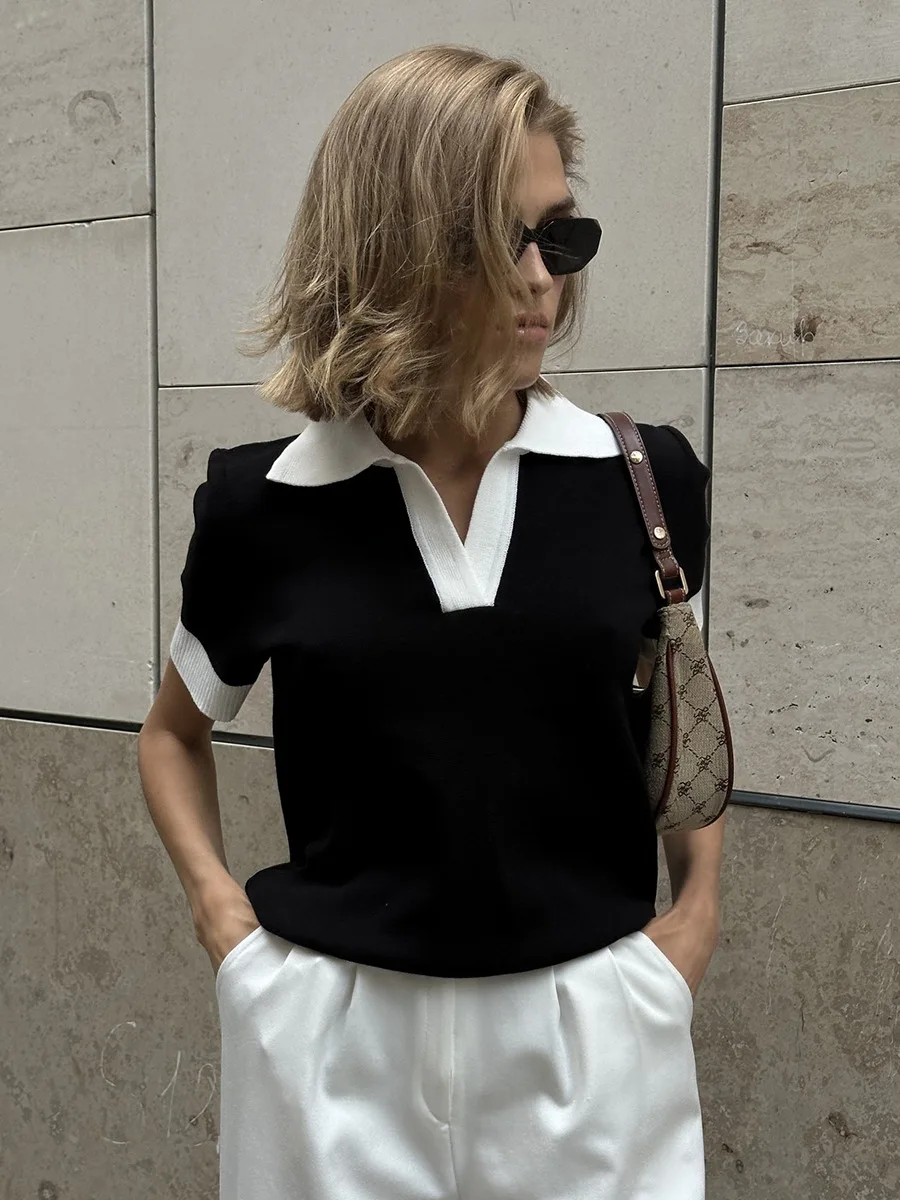 2026 Summer New Short Sleeved Knitted Sweater Temperament Commuting Polo Collar Contrasting Color Slim Fit Knitted Top 99 S8a440559c86547938a4cd34464174822i