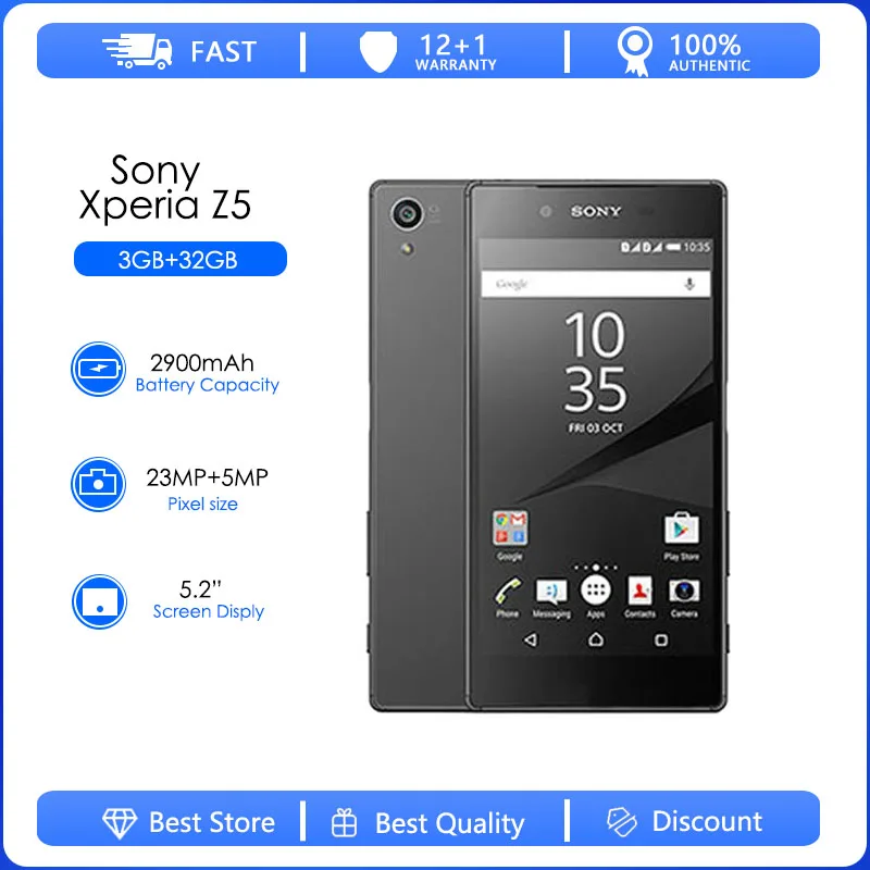 

Sony Xperia Z5 E6653 Refurbished-Original Unlocked Phone 32GB 3GB RAM GSM 4G LTE Android Octa-core 5.2 " 23MP 2160p Cellphone