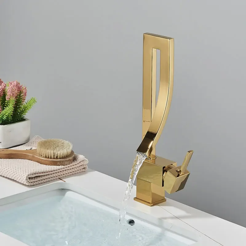 

Grifo dorado brillante para lavabo de baño, mezclador grúa de rotación en frío y caliente, mezcladores de fregadero