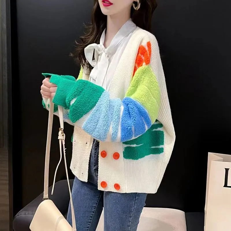 

DAYIFUN Colorful Embroidered Cardigan Coat Women Sweet Long Sleeve Contrast Loose Sweater Jacket 2023 Autumn New Knitted Coats