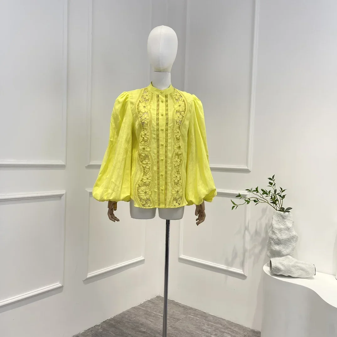

Женский комплект из блузки и юбки, желтая льняная блузка с длинными рукавами-фонариками и вышивкой, лето 2023