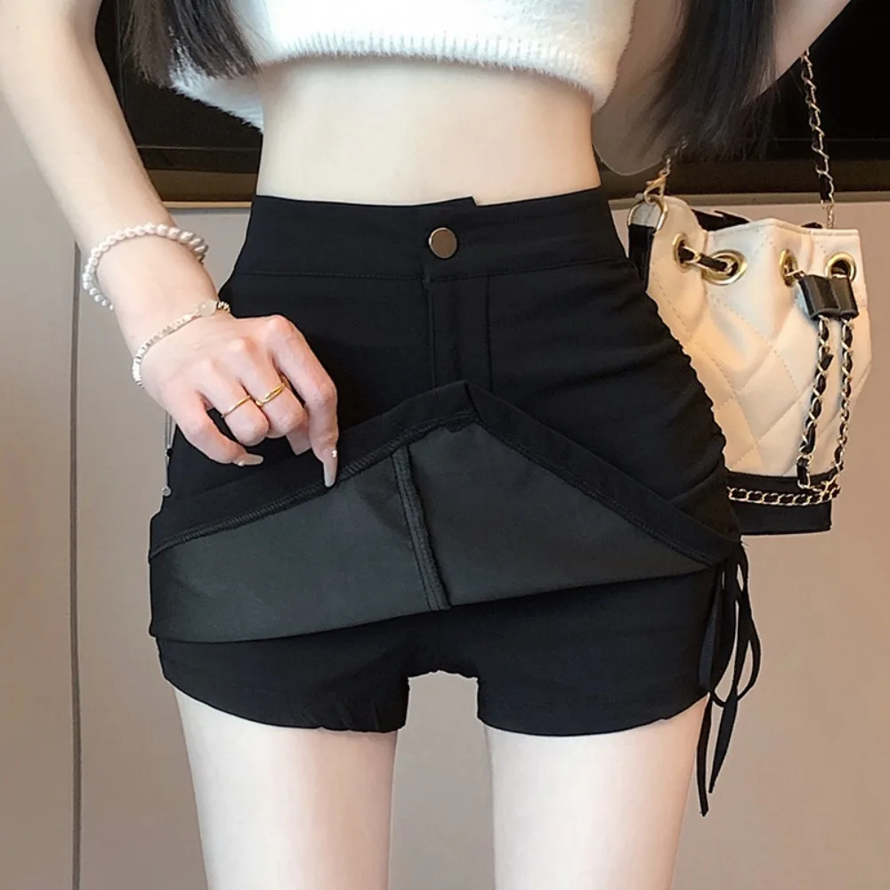 

Solid Color Summer Irregular Short Skirt Simplicity Elastic Laced-Up Drawstring Short Skirt High Waist Shorts