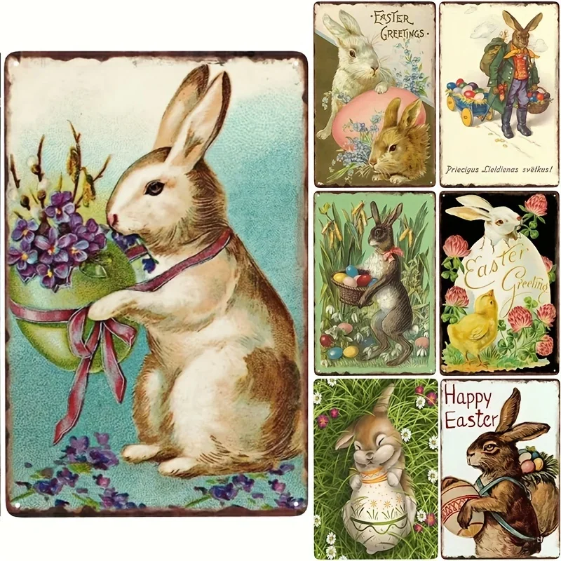 

Easter French Rabbit, Easter Bunny Holding Eggs, Classic Rabbit Mural Painting, Tin Sign for Office/Home Wall Decor Tin Sign