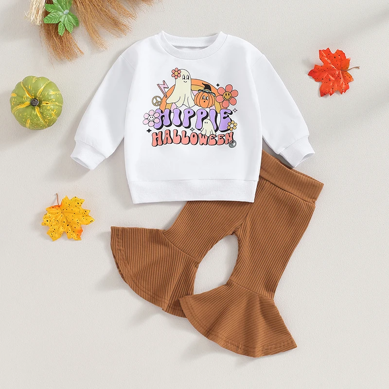 

2023-08-09 Lioraitiin 0-4Years Toddler Kid Girls 2Pcs Halloween Clothes Set Letters Print Long Sleeve Sweatshirt with Flare Pant