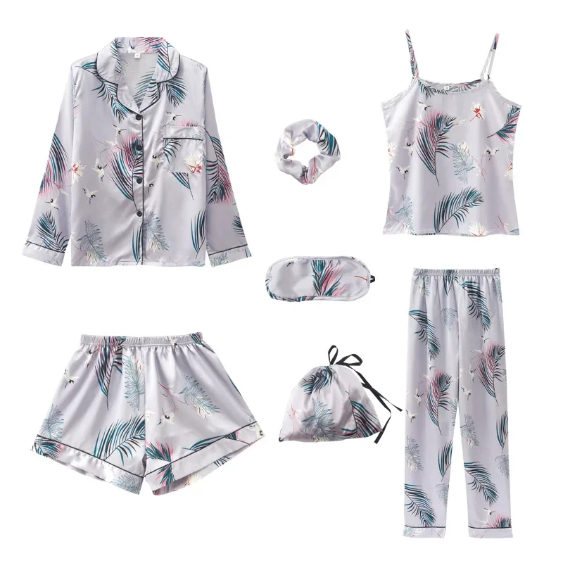 

Pyjamas Women's 7 Pieces Pjs Pink Pajamas Sets Sleepwear Satin Silk Strap Lingerie Homewear Loungewear Pijamas Set For Woman