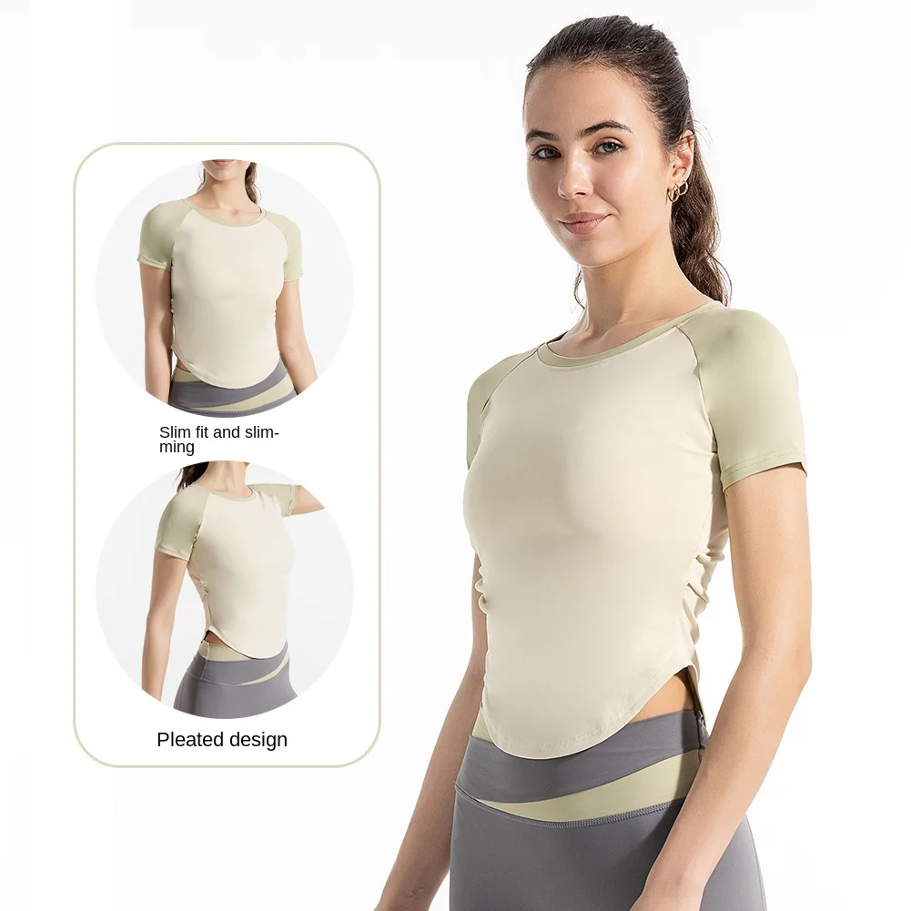 

New Contrast Color Quick-drying Yoga Suit Short-sleeved Top Women's Pleated Naked Waist Tight Outer Wearing Sports Running T-shi