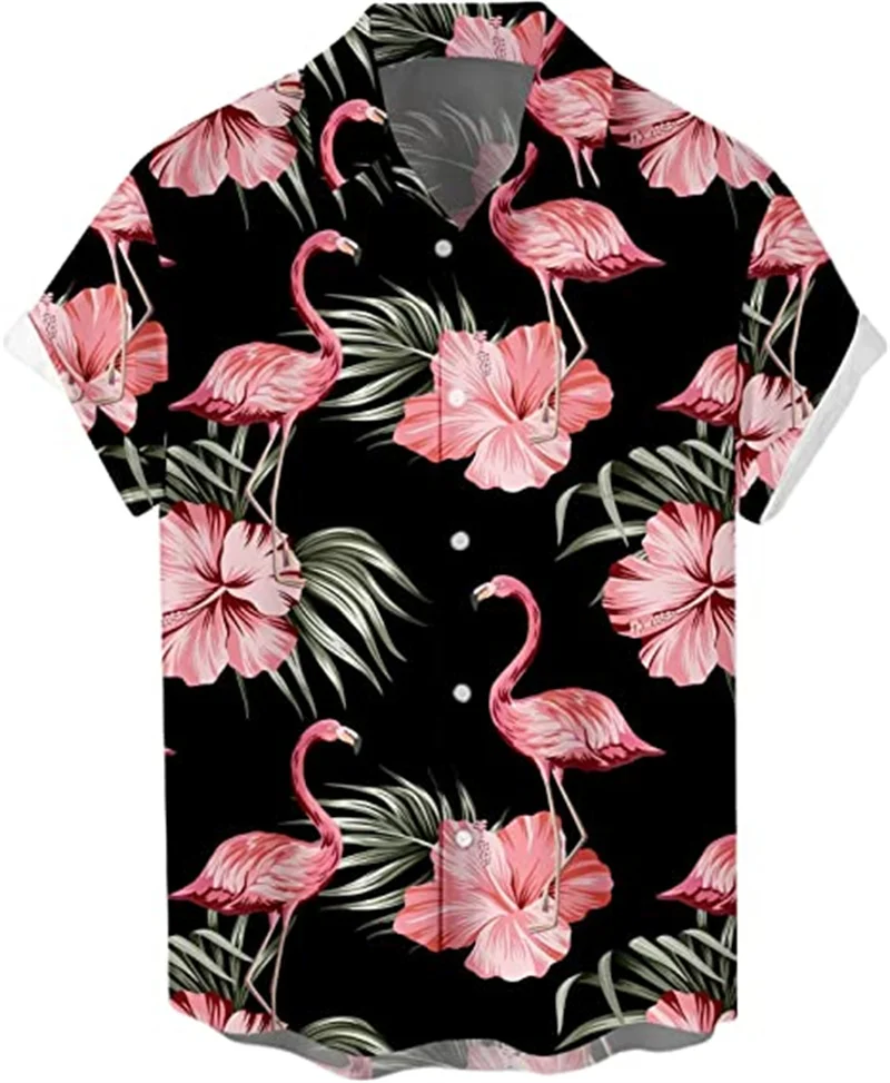 

Flora Flamingo Graphic Shirts for Men Clothing 3D Print Hawaiian Beach Shirts Short Sleeve y2k Tops Vintage Clothes Lapel Blouse