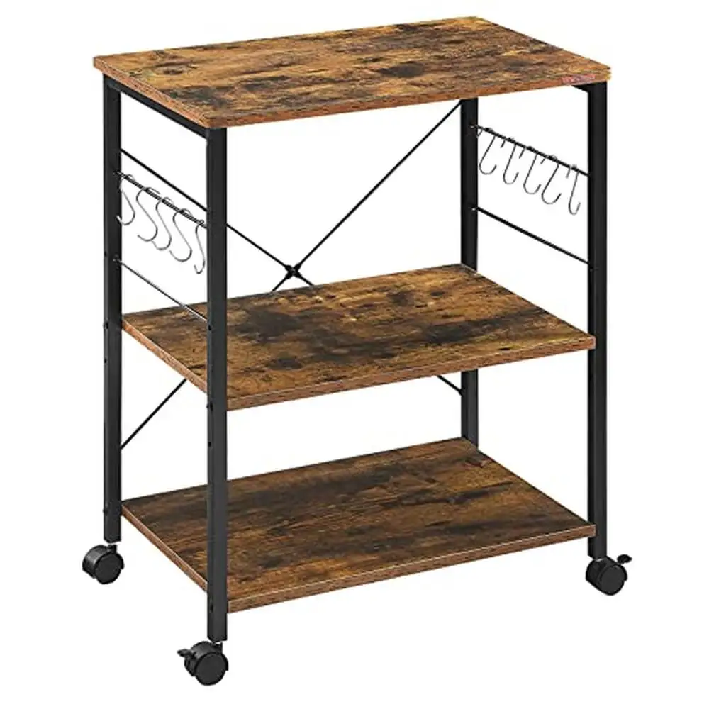 

3-Tier Kitchen Baker's Rack Rolling Cart with S-Shaped Hooks Scratch-Resistant Surface Lockable Wheels P2 MDF Rustic Board and