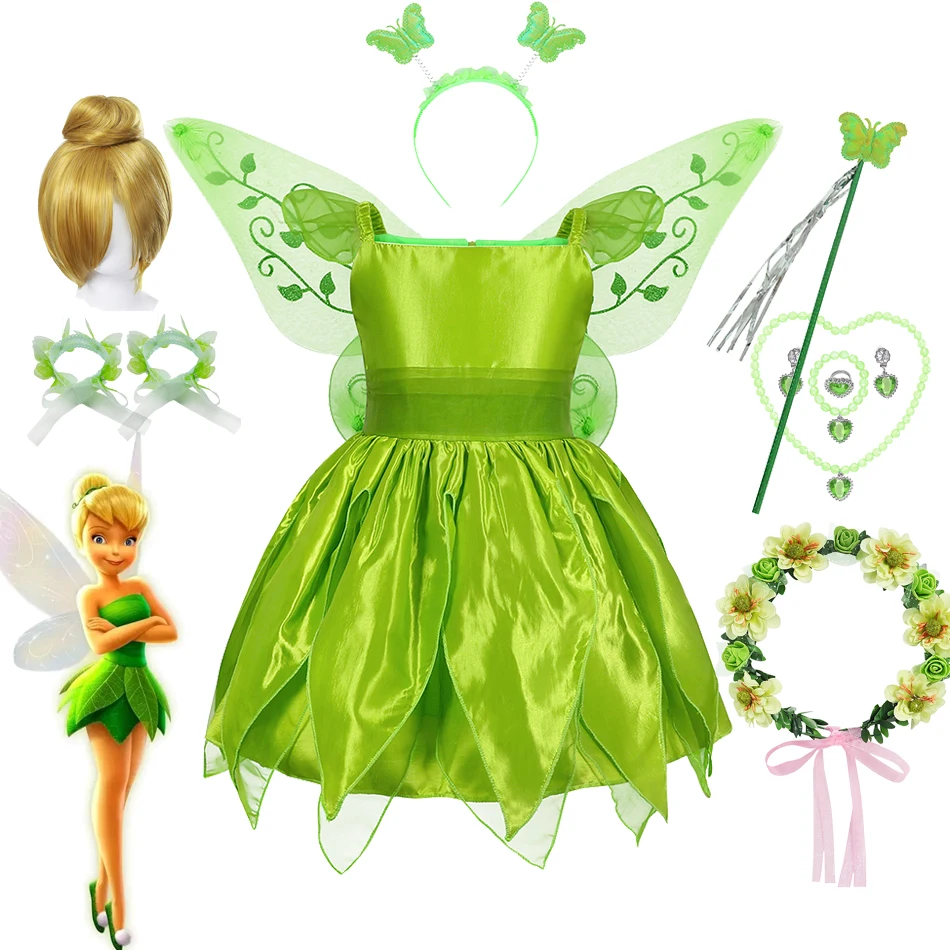 

Fairy Cosplay Costume For Girls Disney Princess Tinker Bell Dress With Wings Headband Wand Toddler Fancy Birthday Party Gowns