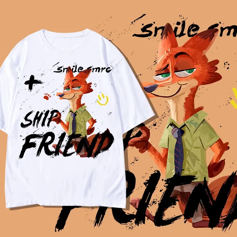 

American High Street Crazy Zootopia T-shirt Men's Short Sleeve Fashion Summer Rabbit Judy Fox Print Clothes Loose