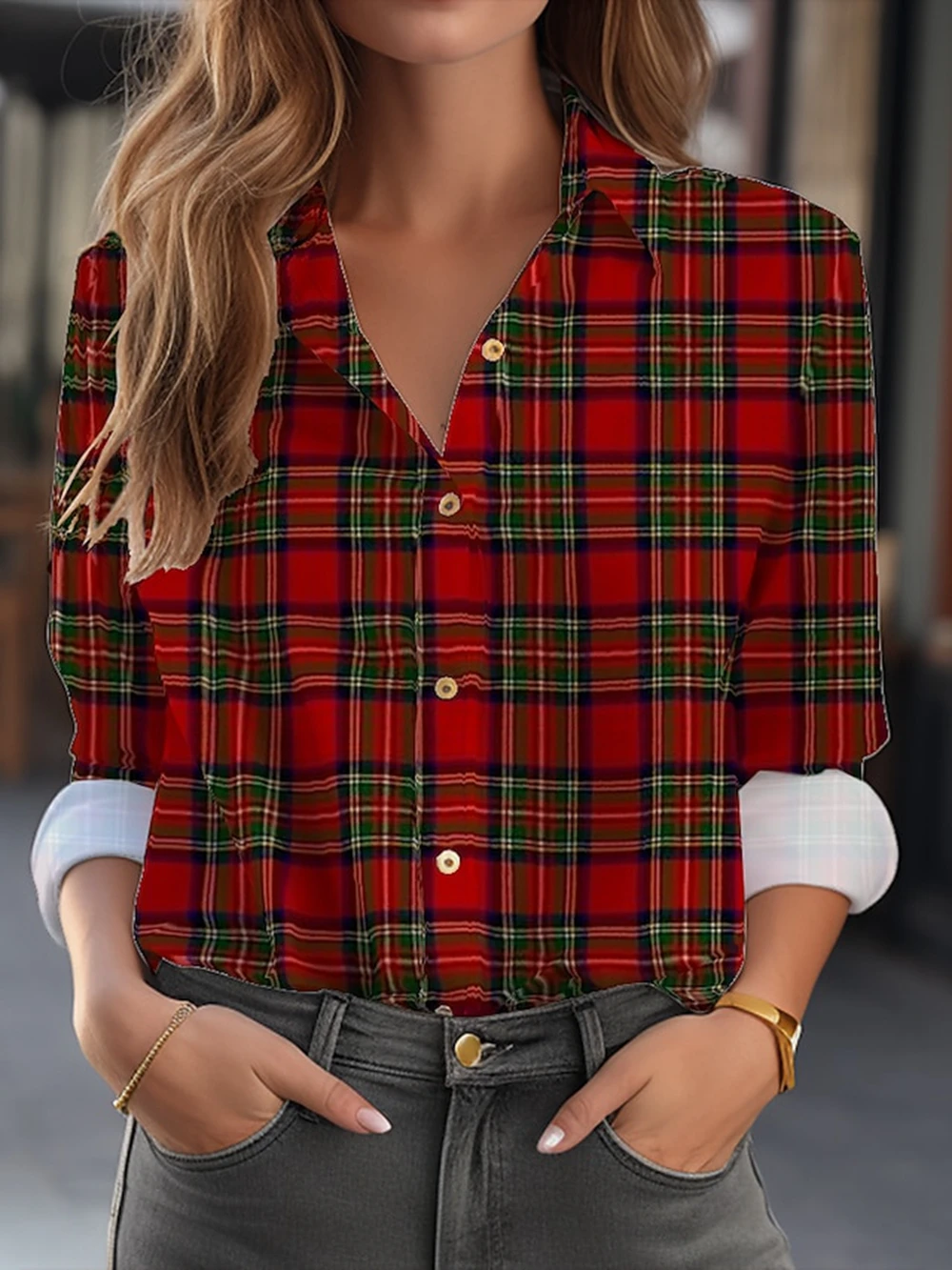 

Женская рубашка с длинным рукавом, красная Повседневная Блузка с принтом в клетку, на пуговицах, с воротником, модель 5XL на весну и осень, 2024