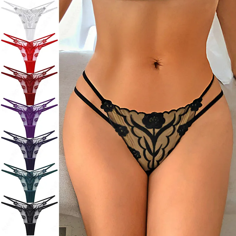 

Gauze Rose Embroidery V-String Thong Panty Women Underwear Very Sexy Lace Mini String Bikini Panty Low Rise Transparent Panties