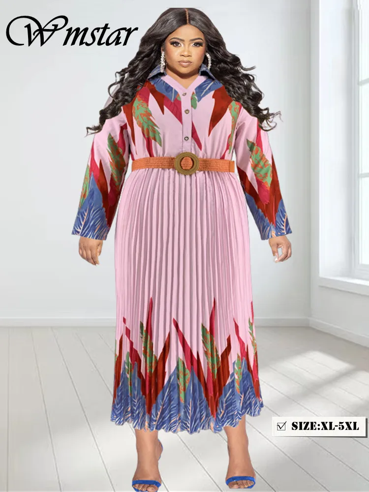 

Wmstar Plus Size Dresses Women Long Sleeve Print Elegant Big Hem Midi Dress Fall Clothes Wholesale Dropshipping with Belt XL-5XL