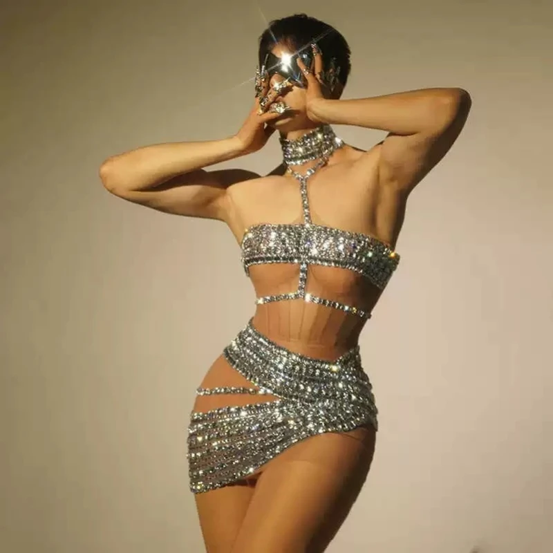 

Sparkly Diamond Sexy See-Through Halter Sheath Mini Dress Evening Party Performance Costume Bar Nightclub Singer Stage Wear