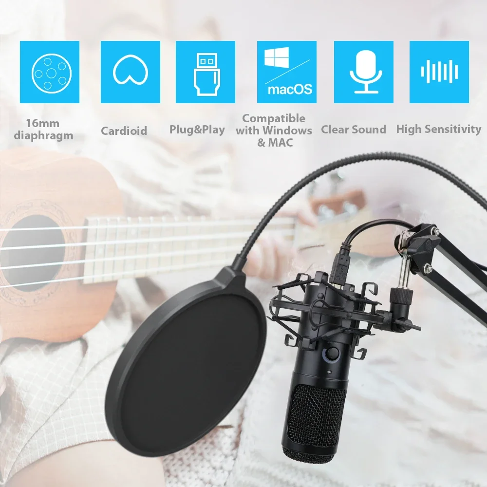 

Condenser Microphone Professional USB Microphone for Karaoke Studio Recording mic with Stand Popfilter for Computer K669