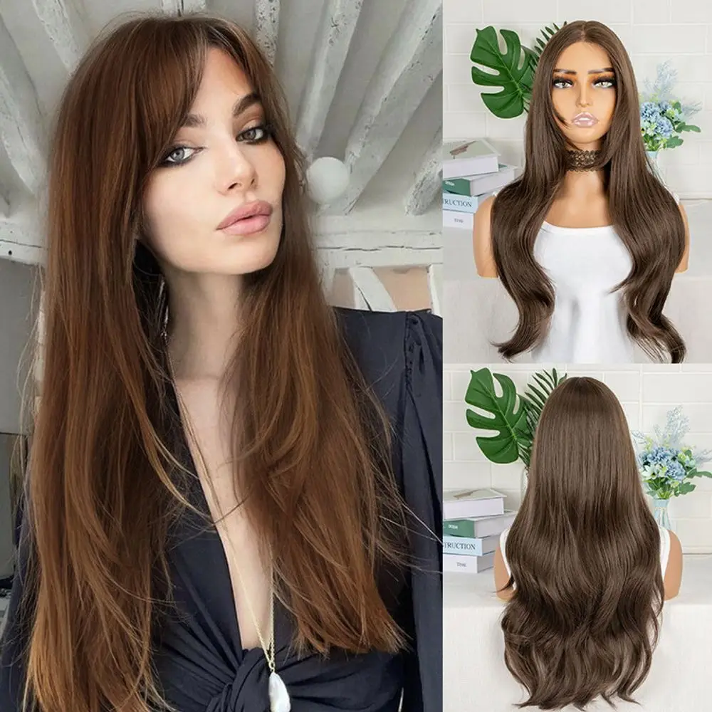 

Women's front lace synthetic fiber headband, eight-character bangs, brown long curly hair, wavy layers Wigs Pelucas Daily Party