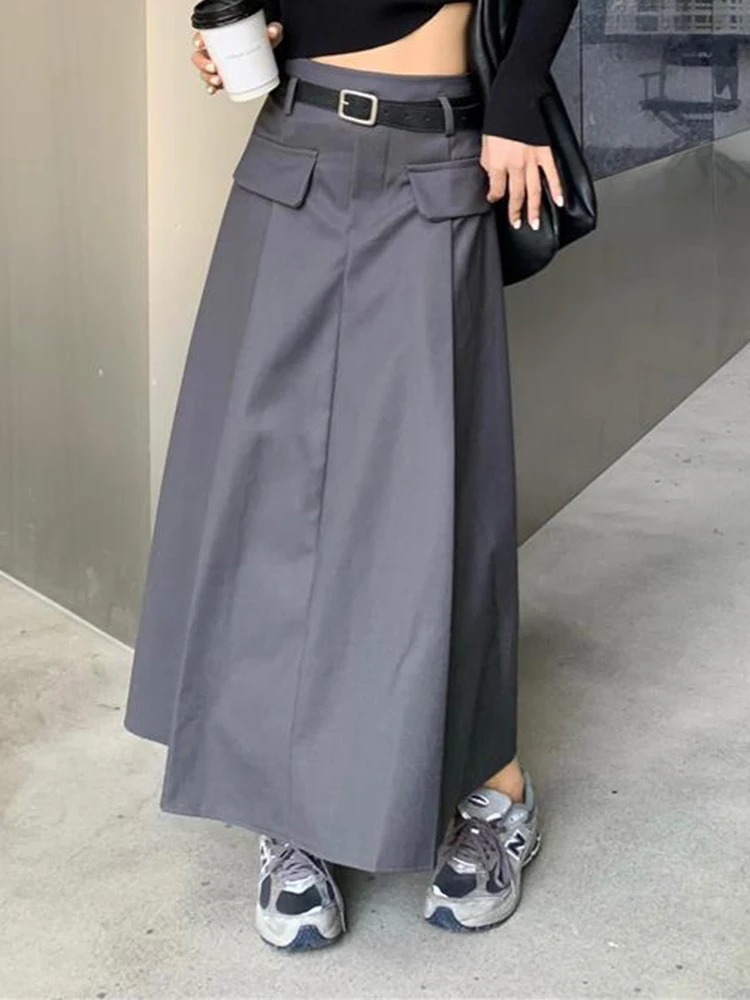 

Костюм с юбкой-миди для женщин, облегающий и плиссированный костюм серого цвета с высокой талией, длинная трапециевидная юбка с бесплатным поясом, лето 2024