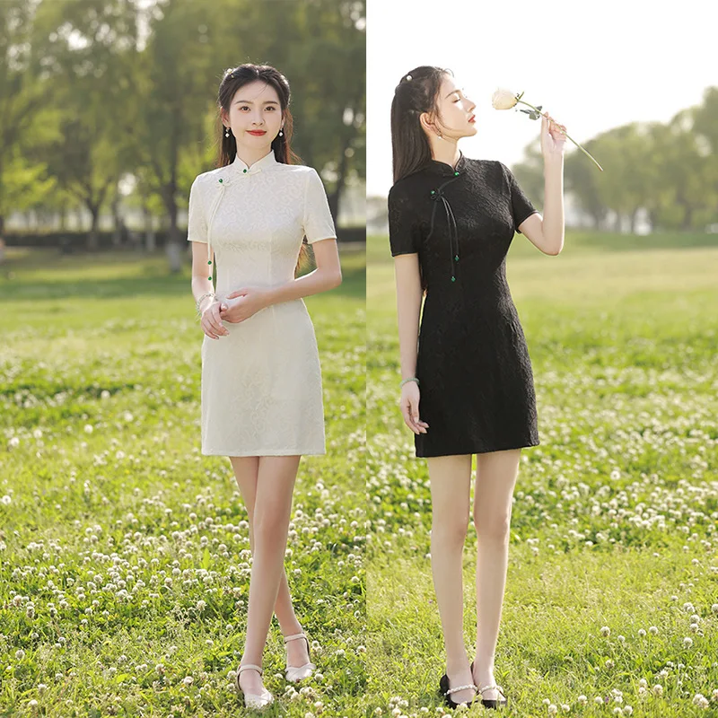 

Chinese Summer Mandarin Collar Chiffon Young Girl Mini Cheongsam Elegant Retro Short Sleeve Qipao Daily Dress