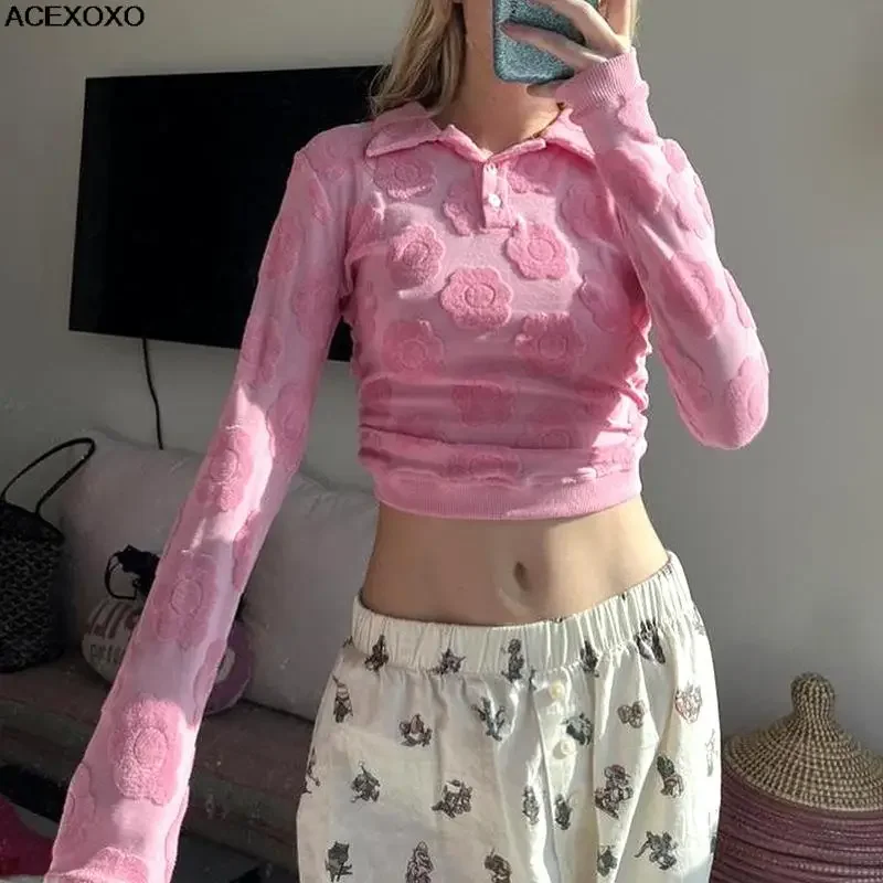 

Pure girl sweet pink flower dew roll waist lace long sleeve Polo T-shirt top brand new early fall 2023