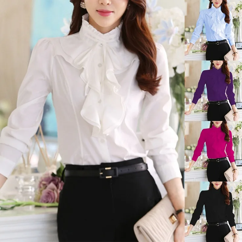 

Women's White Ruffled Stand Collar Long Sleeve Shirt Office OL Work Shirt Ladies Fashion Slim Commuter Blouse Top L-5XL