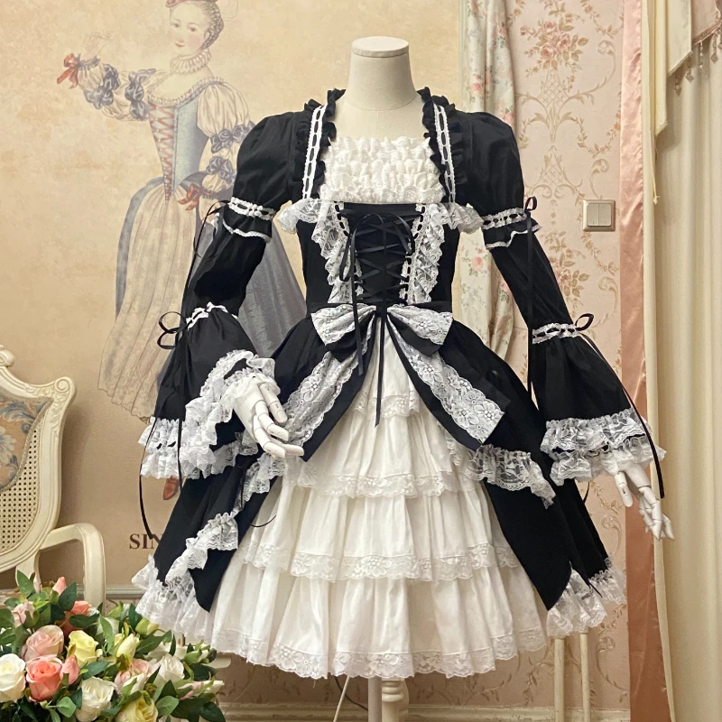

Japanese Victorian Gothic Lolita Dress Vintage Women Flare Sleeves Medieval Lace Bowknot Elegant Princess Holiday Party Dresses