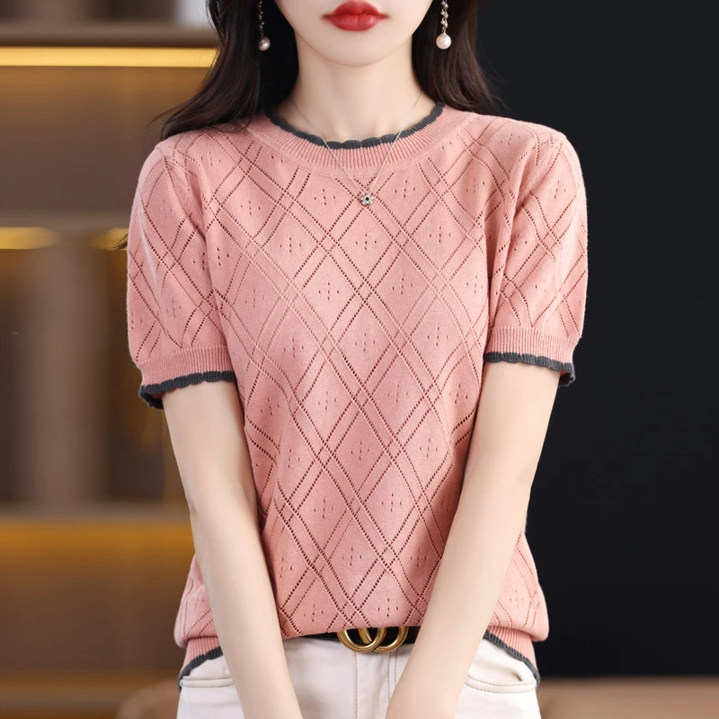 summer thin tees casual hollow t-shirt female pullover O-neck short sleeve woman's top 100% cotton knitted jumper sweater blouse
summer thin tees casual hollow t-shirt female pullover O-neck short sleeve woman's top 100% cotton knitted jumper sweater blouse