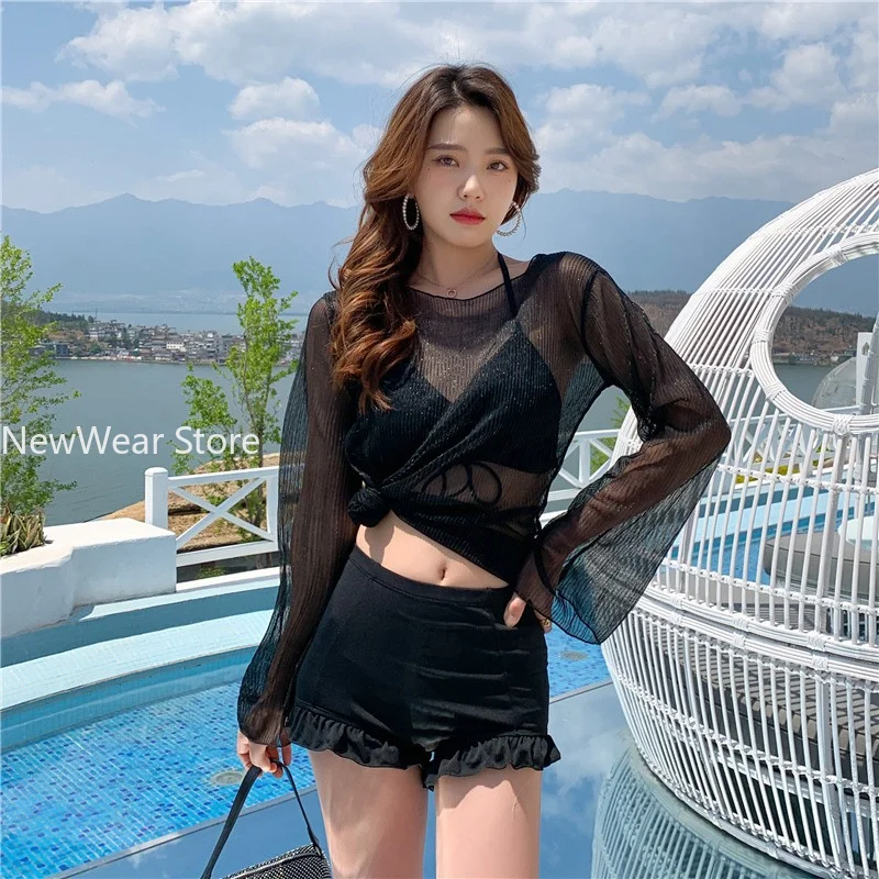 

New bikini sets Korean Swimsuit Three-Piece Bikins Cover up Swim Suit for Women High Waist Summer Beach Women's Swimming bq