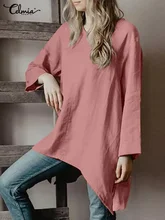 

Celmia Summer Vintage Blouses 2022 Fashion Long Sleeve Shirt Solid Blusas Women Casual Loose Pockets Asymmetrical Tunic Tops