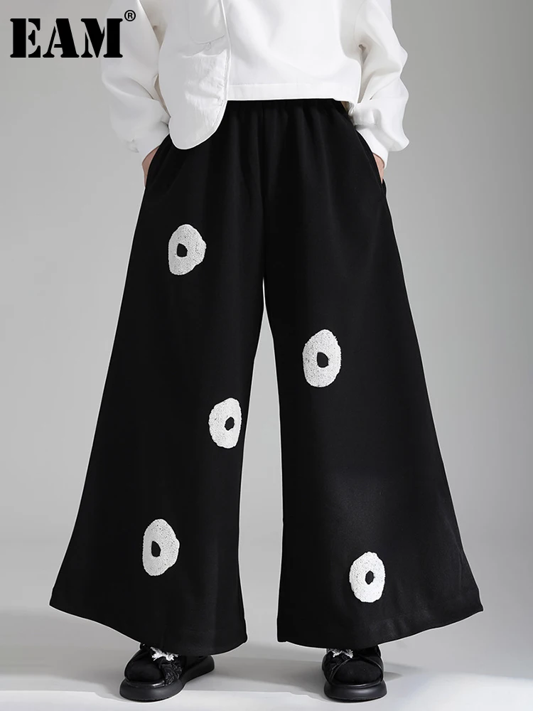 

[EAM] черные широкие брюки с высокой эластичной резинкой на талии, с аппликацией, новые свободные брюки, женские модные брюки, весна-осень 2024, 1DH3638