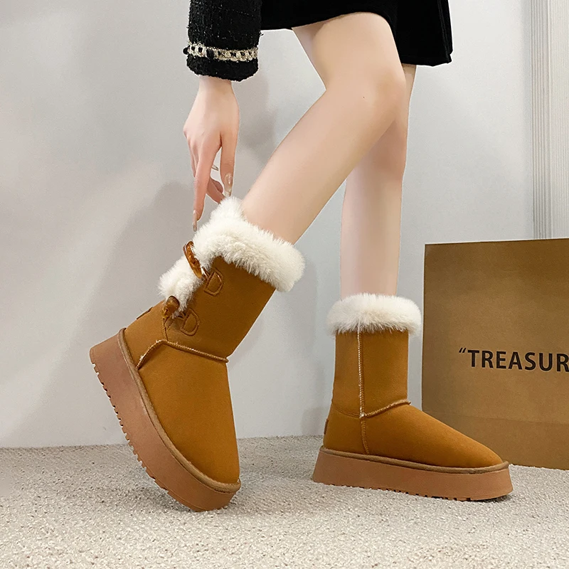 

Boots Flat Platform Women's Rubber Shoes Rain Plush Winter Footwear Australia Boots-Women Round Toe Clogs Mid Calf Leather Fur