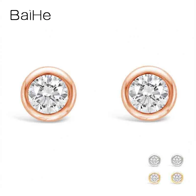 

Серьги-гвоздики BAIHE с натуральными бриллиантами для мужчин и женщин, однотонные круглые украшения из 18-каратного белого/желтого/розового золота, модная повседневная бижутерия
