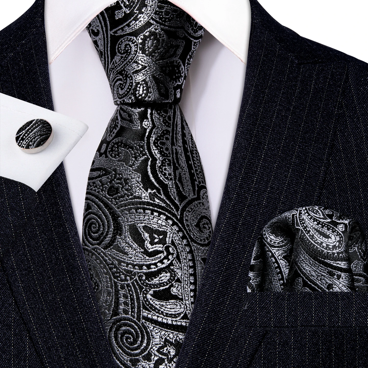 Fashion Black Paisley Silk Men Tie Wedding Gift Barry.Wang Designer NeckTie Handkerchief Cufflinks Set Business Groom LN-5414
Fashion Black Paisley Silk Men Tie Wedding Gift Barry.Wang Designer NeckTie Handkerchief Cufflinks Set Business Groom LN-5414