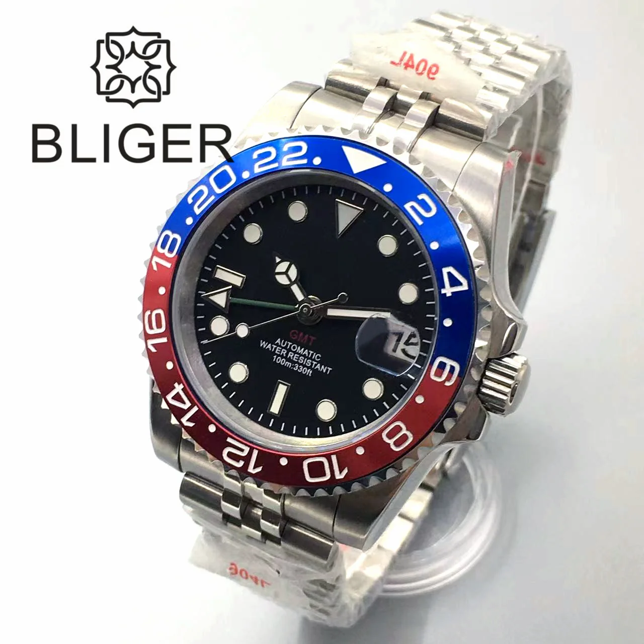 

BLIGER 40mm Dive Watch For Men NH34 GMT Automatic Black Dial Red GMT Letter Pepsi Color Bezel 120 Click Ceramic Jubilee Bracelet