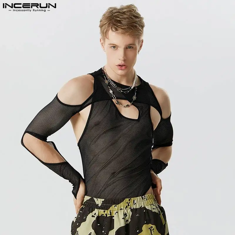 

Stylish Party Hot Sale Tops INCERUN New Men Irregular Hollow See-through Mesh T-shirts Thimble Long Sleeved Thin Tees S-5XL 2023