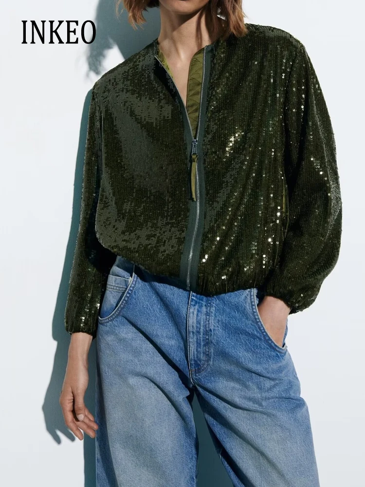 2023 Autumn winter Green sequined Bomber Jacket Women Fashion Oversized Long sleeve coat Zip Outwear Streetear INKEOT 3O063
2023 Autumn winter Green sequined Bomber Jacket Women Fashion Oversized Long sleeve coat Zip Outwear Streetear INKEOT 3O063