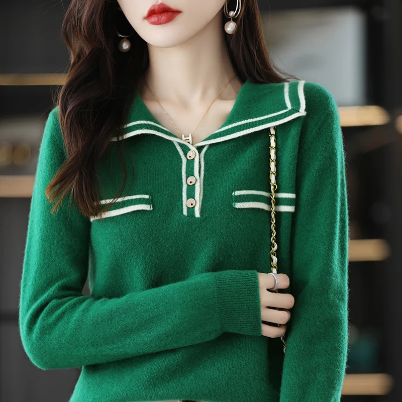 100% Pure Wool Cashmere Sweater Women's Polo Pullover Casual Knitted Color Contrast Top Autumn and Winter 2022 New Women's Sweat
100% Pure Wool Cashmere Sweater Women's Polo Pullover Casual Knitted Color Contrast Top Autumn and Winter 2022 New Women's Sweat